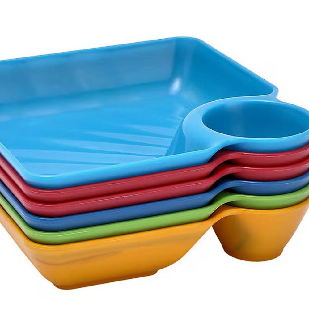 SET 6 SQUARE PLASTIC SNACK TRAYS BOWLS WITH ATTACHED SAUCE/DIP CUP
